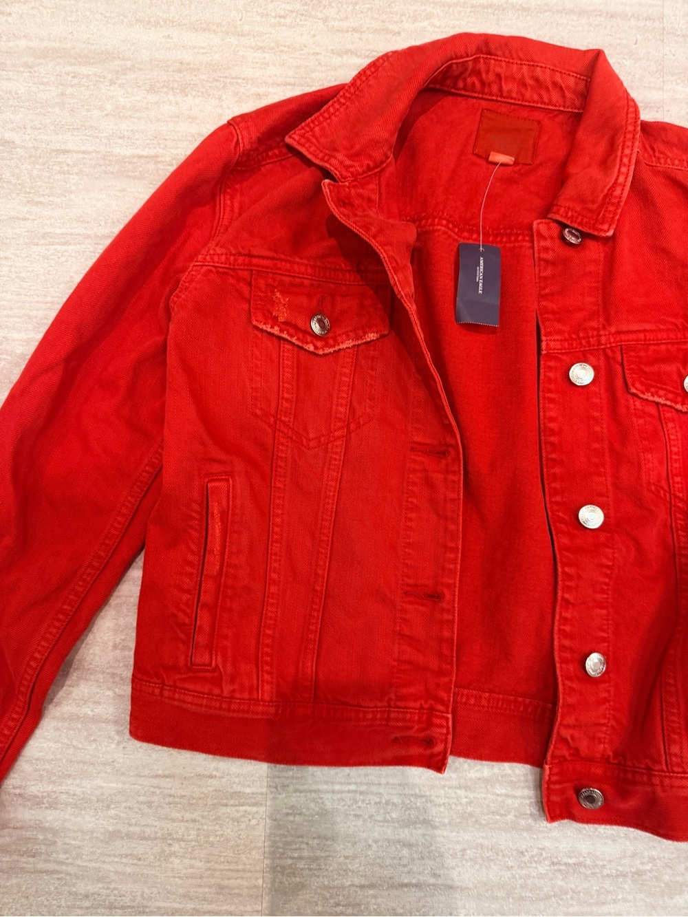 American Eagle Red Denim Jean Trucker Jacket NWT Women’s XS